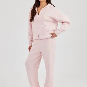 Hooded Zip Through Knitted Tracksuit - Baby Pink