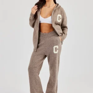 Hooded Zip Through Knitted Tracksuit - Taupe