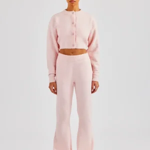 Knitted Cropped Cardigan & Flare Trouser - Baby Pink