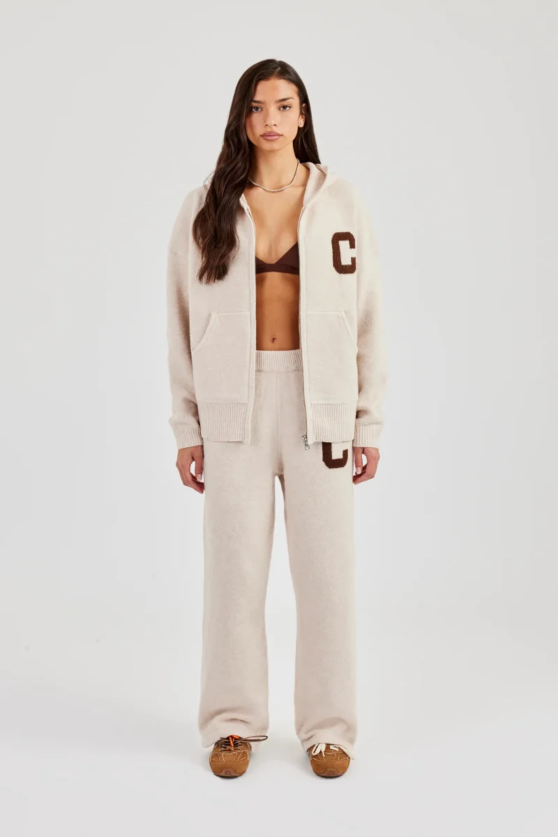 Hooded Zip Through Knitted Tracksuit - Off White - Image 6