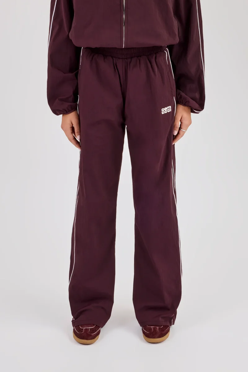 Nylon Piping Wide Leg Track Pant - Burgundy - Image 4