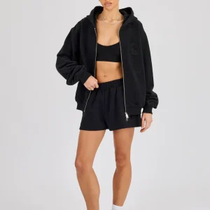 C Embroidered Zip Through Hoodie & Short - Black