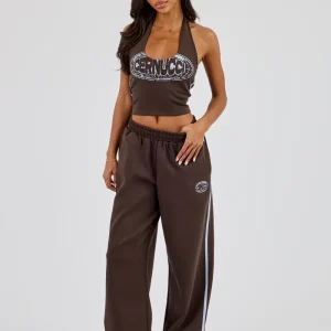 Washed Distressed Logo Halterneck Top & Wide Leg Jogger With Print - Dark Brown