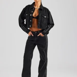 Stud Cropped Denim Jacket & Flare Jean - Washed Black