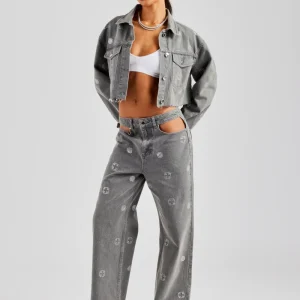 Rhinestone Motif Denim Jacket and Jean Set - Washed Grey