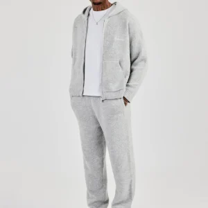 Embroidered Knitted Zip Hoodie & Jogger- Light Grey