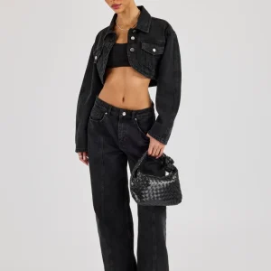 Cropped Curved Hem Denim Jacket & Low Rise Jeans - Washed Black