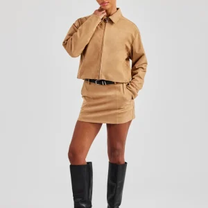 Suede Collared Jacket & Skirt - Beige