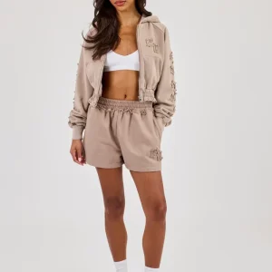 Applique Cropped Zip Hoodie & Jersey Short - Washed Taupe