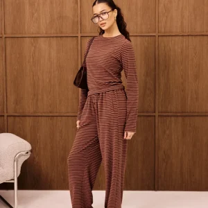 Pink Stripe Soft Touch Long Sleeve Top & Button Detail Wide Leg Jogger - Chocolate
